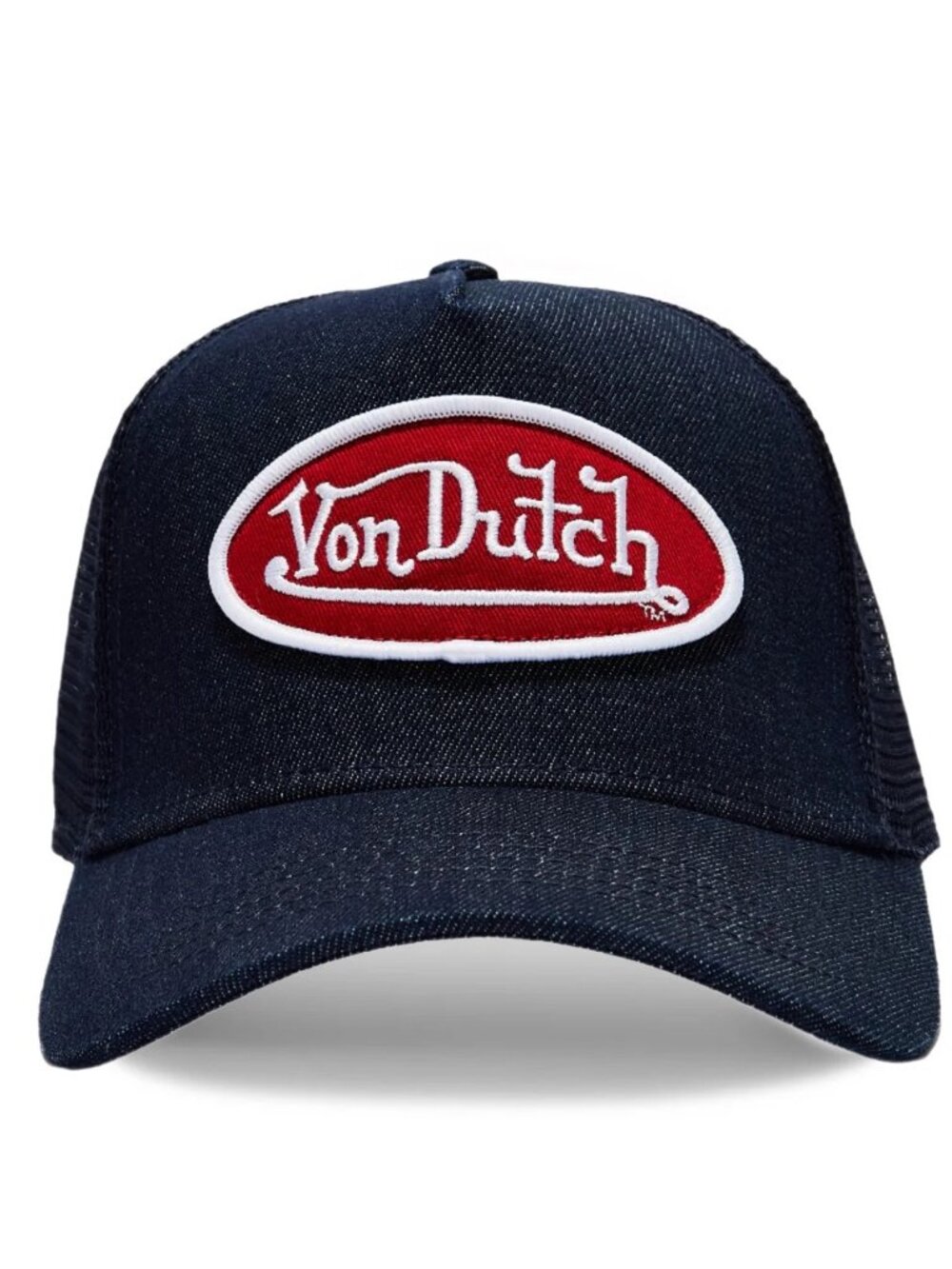 BNWT AUTHENTIC UNISEX VON DUTCH DARK DENIM W/RED & WHITE LOGO TRUCKER HAT OSFM